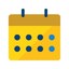 icone calendário amarelo com datas em bolinhas azuis