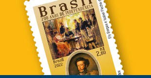 200 anos da independência, imagem do selo com Dom Pedro Primeiro em fundo amarelo
