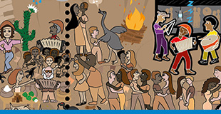 Série América: Forró emissão filatélica sobre forró. Desenho com dois sanfoneiros, uma banda e pessoas dançando no estilo cordel.