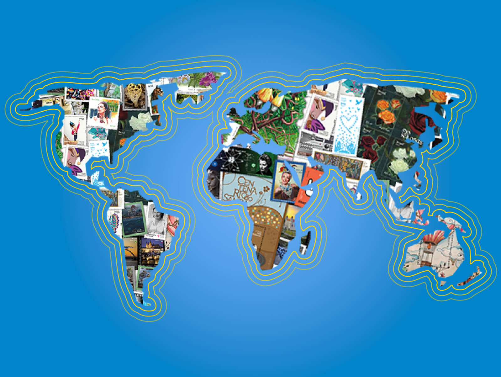desenho de um mapa mundi estampado com selos