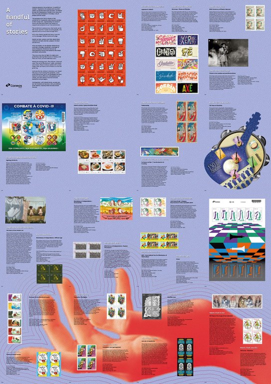 A hadful of story. Imagem de um painel com fundo roxo e uma mão aberta no canto inferior e diversos selos e suas descrições.