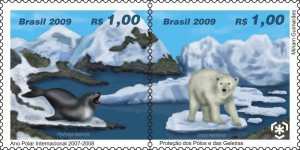 Imagem de selo com desenho de geleira e animais com picote no meio