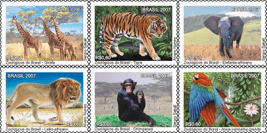 imagem de uma sextilha de selos de animais silvestres: girafa, tigre, elefante, leão, macaco e arara