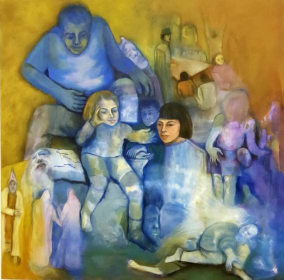 Vínculos Afetivos Figura que lembra um quadro de artes pintado a mão abstrata, mas com a impressão da representação de uma família.