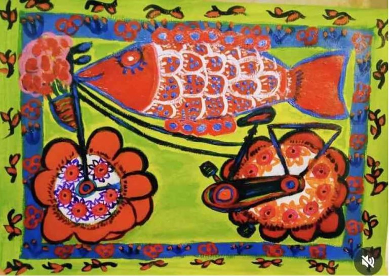 Exposição: CONTEMPLA POETAS – Zagut Figura bem colorida que parece ser pintada a mão e lembra a figura de uma bicicleta formada por vários itens da natureza, como peixe, flores, besouro...