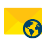 Envelope amarelo com ícone do globo terrestre