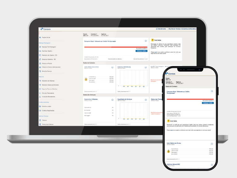 Figura com tela de notebook e celular do dashboard da plataforma Correios Empresas.