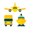 ícone com desenho de um avião amarelo centralizado em cima e logo abaixo desenho de um caminhão e um navio, ambos em amarelo