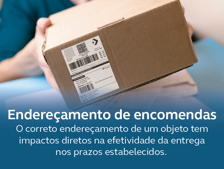 Pessoa de blusa azul com foco na caixa em que está segurando mostrando a etiqueta colada. Frase: Endereçamento de encomendas. O correto endereçamento de um objeto tem impactos diretos na efetividade da entrega nos prazos estabelecidos.