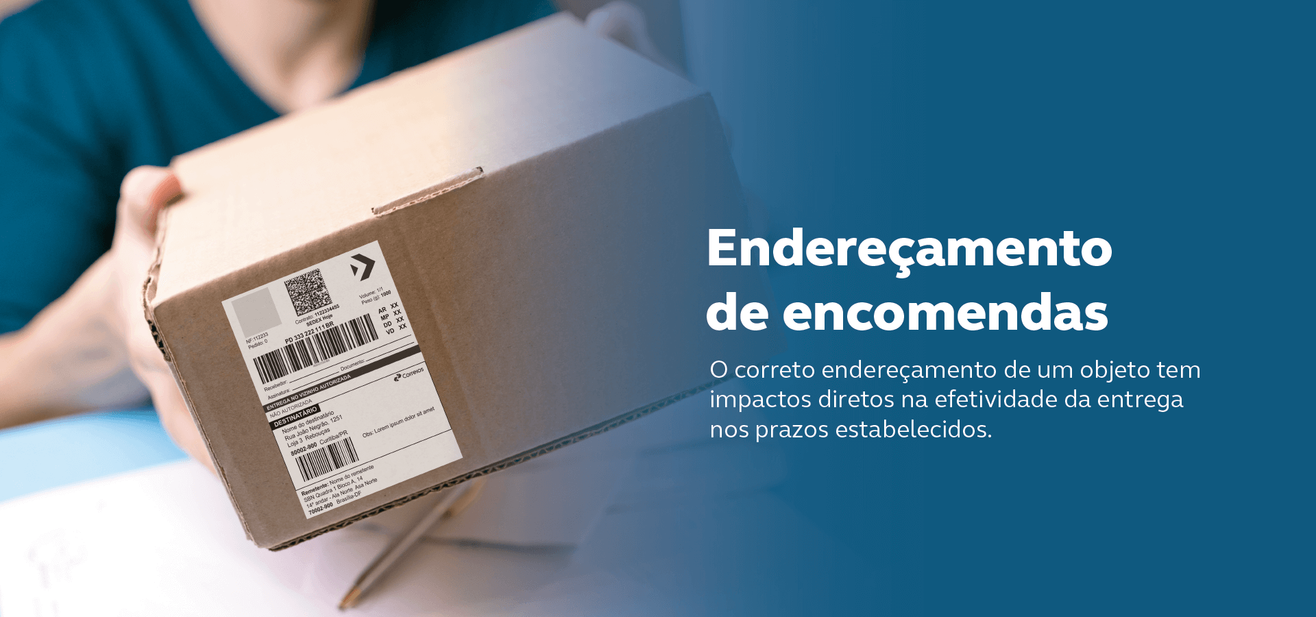 Pessoa de blusa azul com foco na caixa em que está segurando mostrando a etiqueta colada. Frase: Endereçamento de encomendas. O correto endereçamento de um objeto tem impactos diretos na efetividade da entrega nos prazos estabelecidos.