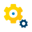 Ícone de duas engrenagens interligadas, uma maior na cor amarela e uma menor na cor azul