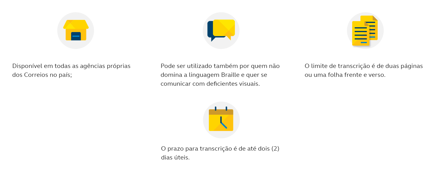 Disponível em todas as agências próprias dos Correios no país; Pode ser utilizado também por quem não domina a linguagem Braille e quer se comunicar com deficientes visuais; O limite de transcrição é de duas páginas ou uma folha frente verso; O prazo para transcrição é de até dois (2) dias úteis.