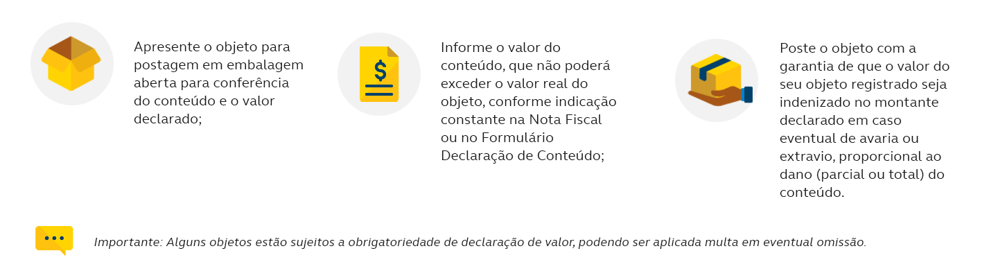 Apresente o objeto para postagem em embalagem aberta para conferência do conteúdo e o valor declarado; Informe o valor do conteúdo, que não poderá exceder o valor real do objeto, conforme indicação constante na Nota Fiscal ou no Formulário Declaração de Conteúdo; Poste o objeto com a garantia de que o valor do seu objeto registrado seja indenizado no montante declarado em caso eventual de avaria ou extravio, proporcional ao dano (parcial ou total) do conteúdo.