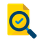 icone de uma folha de papel em amarelo, com uma lupa por cima, na cor azul