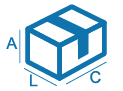 Imagem em azul que indica o local das dimensões (largura, altura e comprimento) de uma caixa.