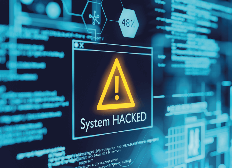 Tela em azul escuro com códigos e números em azul claro e um ícone centralizado de atenção em amarelo com o texto System Hacked 