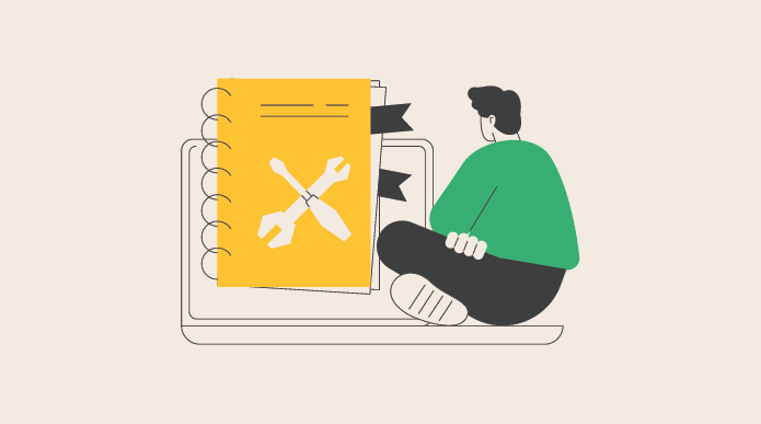 Imagem em desenho: Homem sentado de costas. A sua frente um caderno em capa amarela