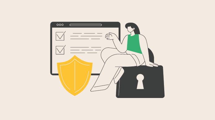 Imagem em desenho: Mulher sentada em cima de um cadeado. A sua frente em amarelo um ícone de segurança