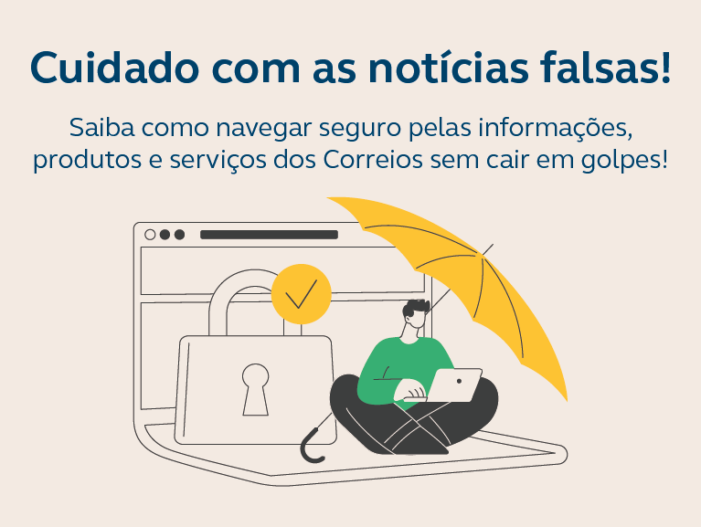 Imagem em desenho: fundo bege com homem blusa verde e calça preta sentado embaixo de uma sombrinha com notebook no colo e atrás dele um cadeado que remete a segurança