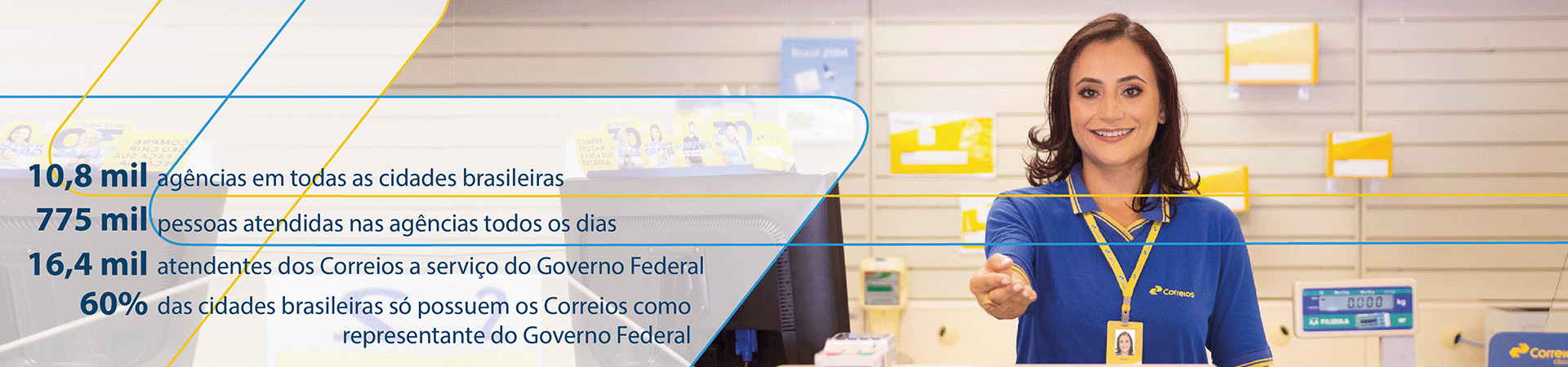 foto de atendente dos correios branca com cabelos lisos nos ombros sorridente e uniformizada estendendo a mão. Frase: 10,8 mil agências e todas as cidades brasileiras. 775 mil pessoas atendidas nas agências todos os dias. 16,4 mil atendentes dos Correios a serviço do Governo Federal. 60% das cidades brasileiras só possuem os Correios como representante do Governo Federal.