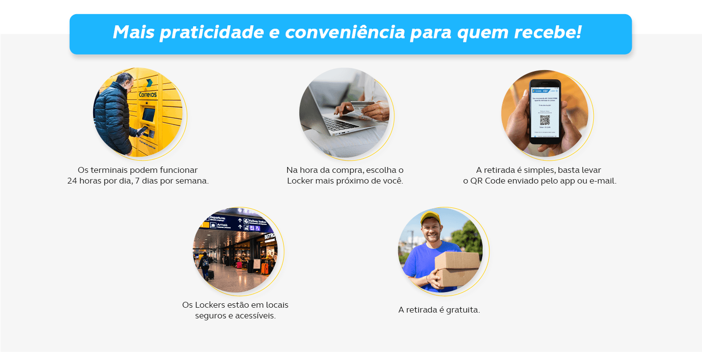 Os terminais podem funcionar  24 horas por dia, 7 dias por semana. Na hora da compra, escolha o Locker mais próximo de você. A retirada é simples, basta ler o QR Code enviado pelo app ou e-mail. Os Lockers estão em locais seguros e acessíveis. A retirada é gratuita.