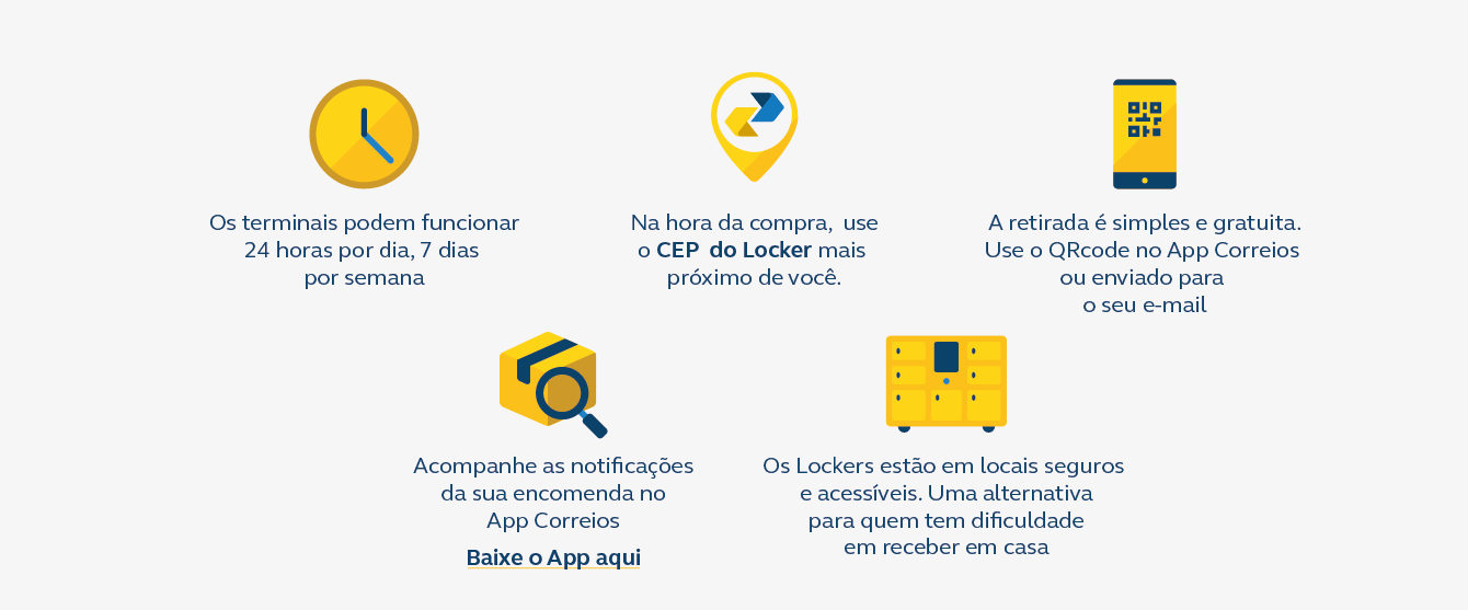 Os terminais podem funcionar  24 horas por dia, 7 dias por semana. Na hora da compra, escolha o Locker mais próximo de você. A retirada é simples, basta ler o QR Code enviado pelo app ou e-mail. Os Lockers estão em locais seguros e acessíveis. A retirada é gratuita.