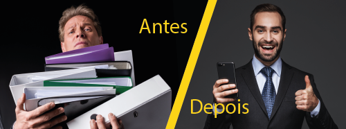 card4 antes: Homem desesperado segurando uma pilha de pastas com documentos. depois: homem de terno sorridente fazendo sinal de positivo com as mãos e celular em outra mão.
