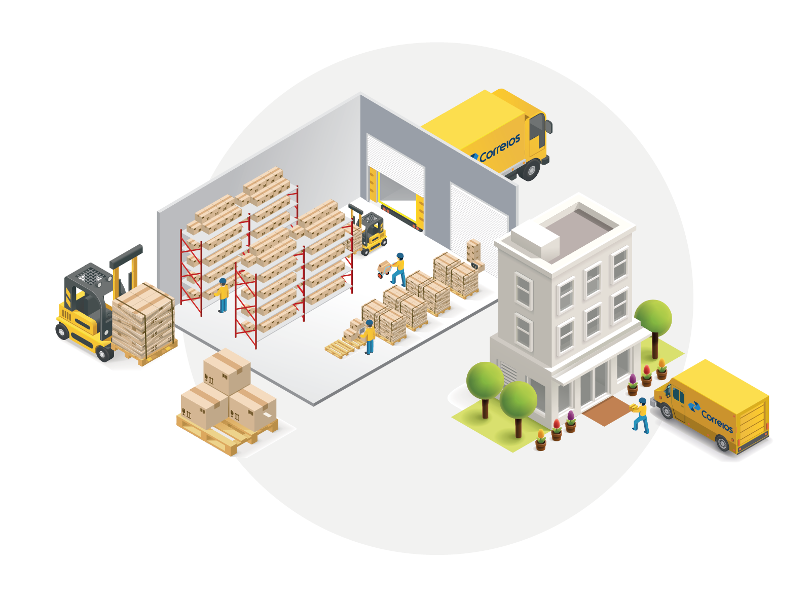Centro de distribuição Imagem de um centro de distribuição contendo várias caixas organizadas sendo transportas pelos colaboradores dos Correios
