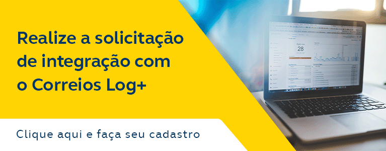 Tela de notebook com dados e gráficos. Texto: Seja um integrador homologado dos Correios. Clique aqui.