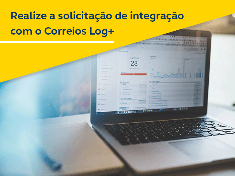 Tela de notebook com gráficos e dados. Texto: Seja um integrador homologado dos Correios!