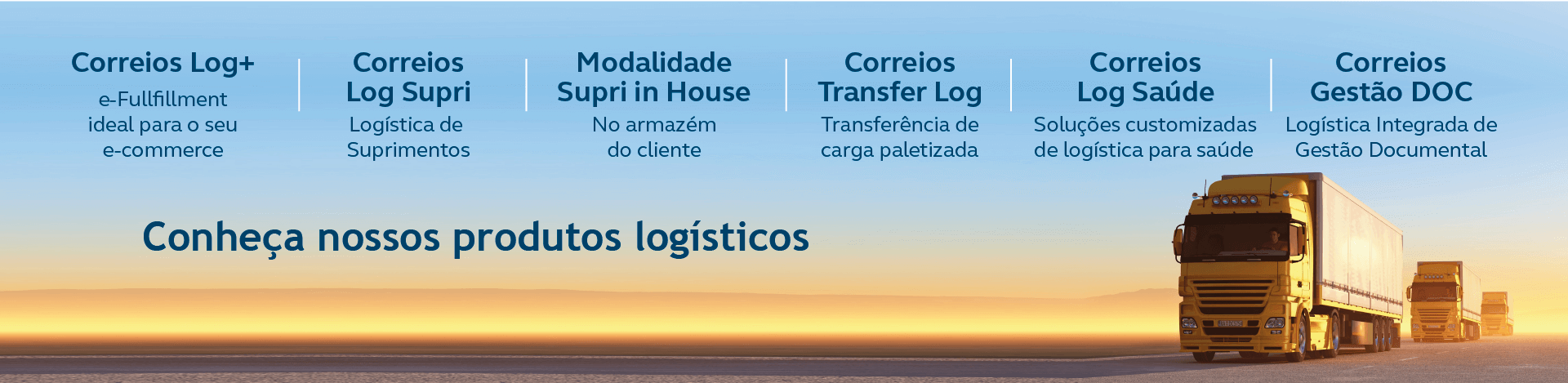 Imagem de caminhões amarelos em uma estrada. No texto os nomes dos serviços logísticos, Correios Log+, Log Supri, Log Supri in house, Transfer Log, Log Saúde e Gestão Doc