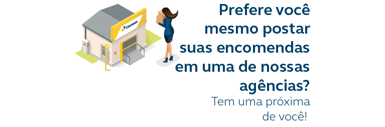 Infográfico em desenho de mulher levando encomenda até uma agência dos Correios