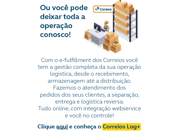 Imagem em desenho de mulher sentada em frente a uma mesa com computador. Atrás um armário com caixas.