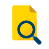 ícone folha de papel amarela com lupa azul em cima