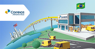 Compra fora Ponte entre Estados Unidos e Brasil. Com vários carros amarelos saindo para da agência dos Correios