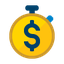 Ícone com desenho de um cronometro de bolso analógico amarelo, com desenho de um cifrão de dinheiro no meio do cronometro, na cor azul 