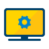 ícone com desenho de um computador amarelo com bordas azuis. No centro da tela o desenho de uma engrenagem azul.