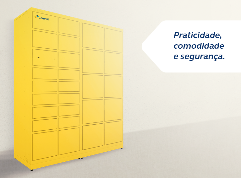 Caixa de Correio Inteligente Armário fechado de cor amarela com divisórias de dimensões variadas