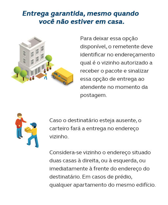 Entrega garantida, mesmo quando você não estiver em casa. Para deixar essa opção disponível, o remetente deve identificar no endereçamento qual é o vizinho autorizado a receber o pacote e sinalizar essa opção de entrega ao atendente no momento da postagem; Caso o destinatário esteja ausente, o carteiro fará a entrega no endereço vizinho; Considera-se vizinho o endereço situado duas casas à direita, ou à esquerda, ou imediatamente à frente do endereço do destinatário. Em casos de prédio, qualquer apartamento do mesmo edifício;