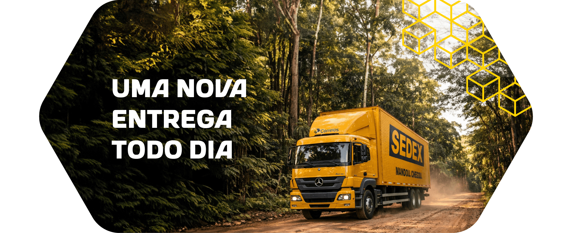Foto de um caminhão dos Correios vindo em uma estrada de terra no meio da floresta. Frase: Uma nova entrega todo dia.