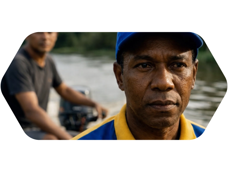 foto em primeiro plano do rosto de um carteiro negro sendo levado em um barco controlado por homem ao fundo.