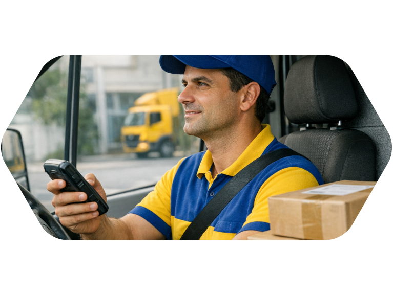 foto em close de carteiro branco dentro de um automóvel com cinto de segurança, com caixas ao lado direito e celular na mão.