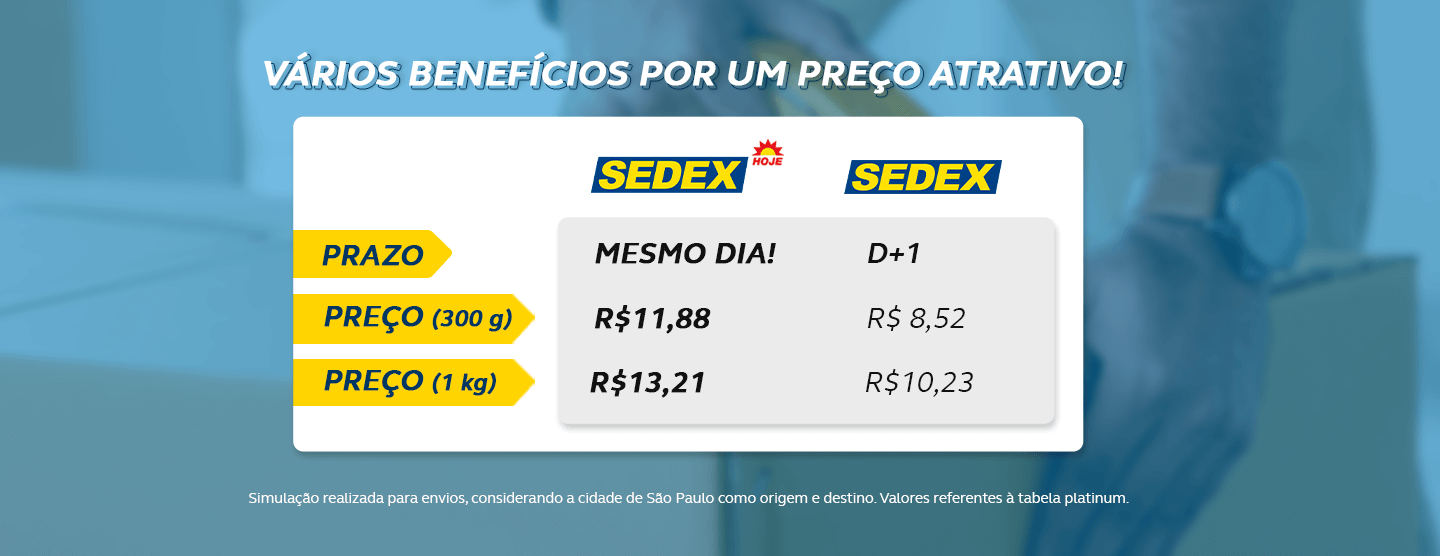 Vários benefícios por um preço atrativo! Sedex hoje, prazo mesmo dia! Sedex, prazo D+1 Sedex hoje (300g) preço R$11,88. Sedex (300g) preço R$8,52 Sedex hoje (1kg) preço R$13,21. Sedex (1kg) preço R$10,23 Simulação realizada para envios, considerando a cidade de São Paulo como origem e destino. valores referentes à tabela platinum.